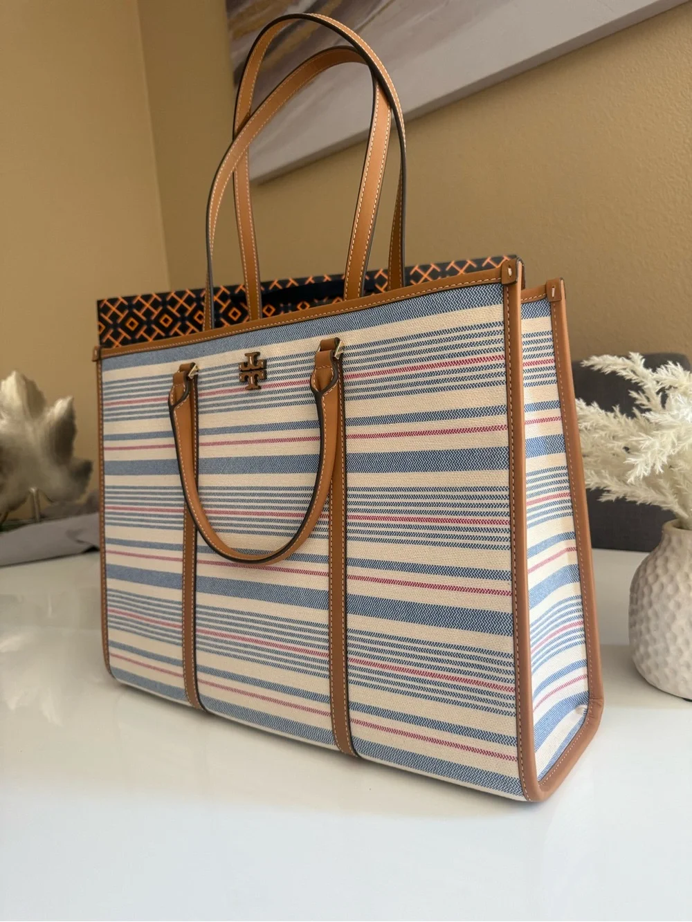 NWT, tory burch blake stripe canvas jumbo large tote multi walnut $550